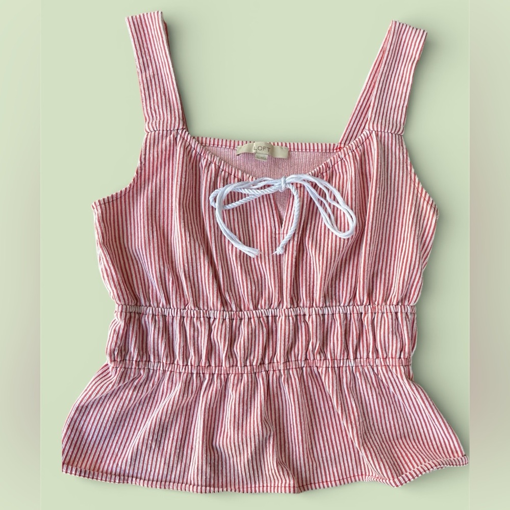 LOFT Red White Stripe Peplum Tank Size L Tie Front Summer Vacation